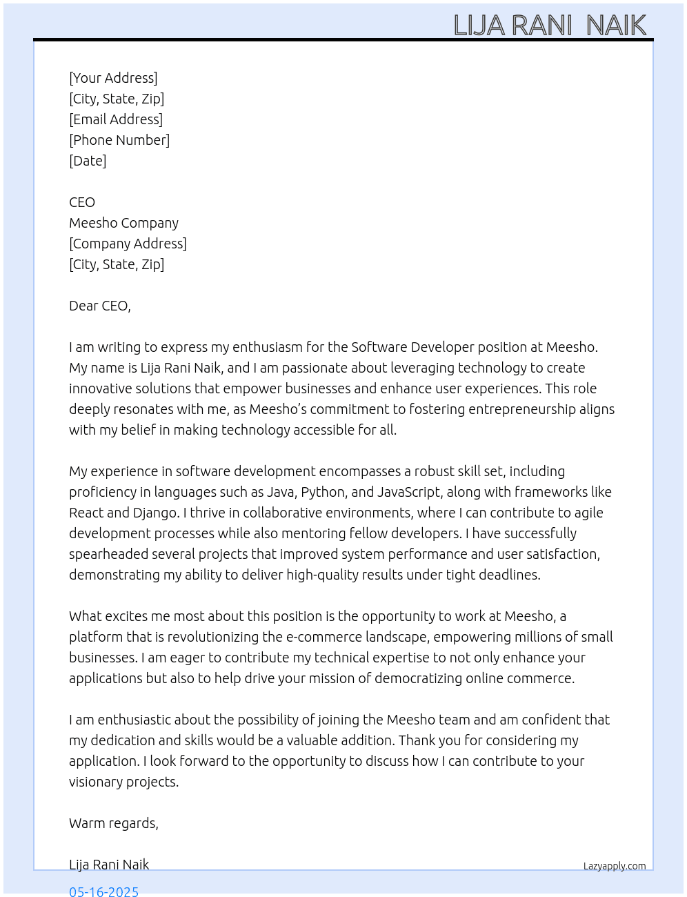 SOFTWARE DEVELOPER At MEESHO COMPANY Cover Letter
