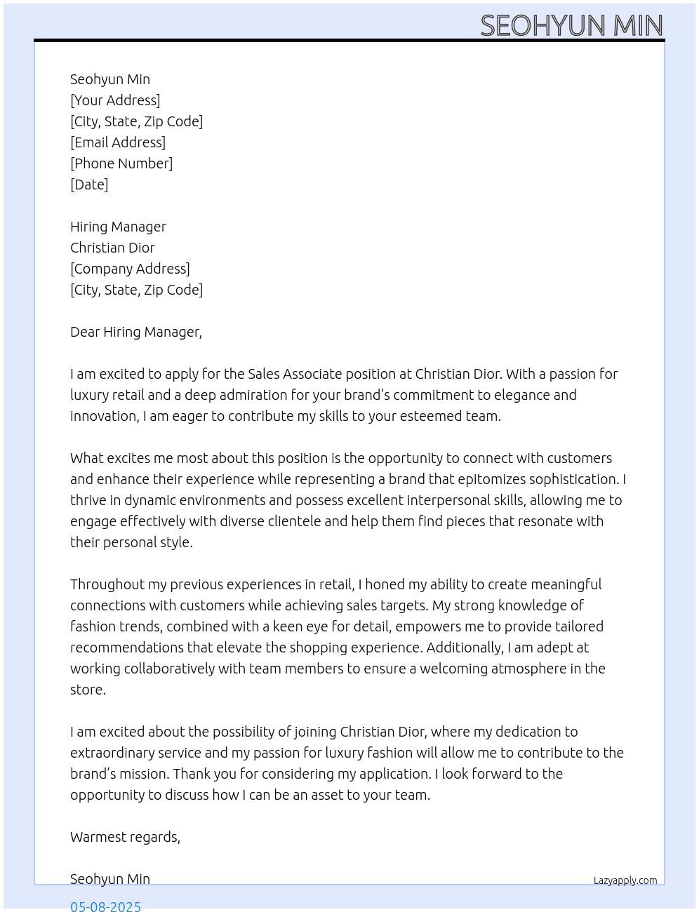 sales associate At Chirstian Dior Cover Letter