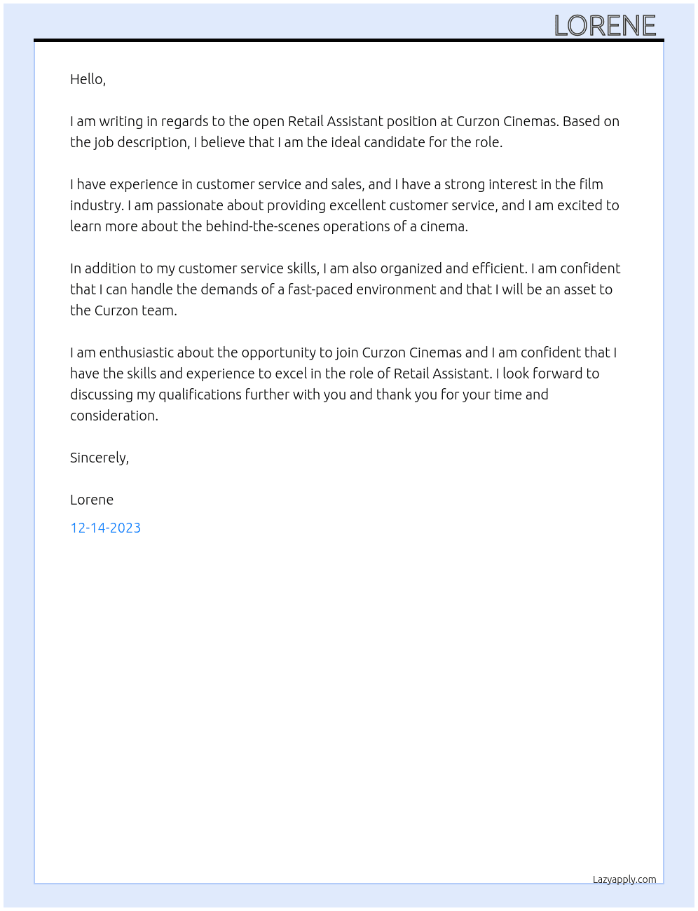 Retail assistant cinema At Curzon Cover Letter