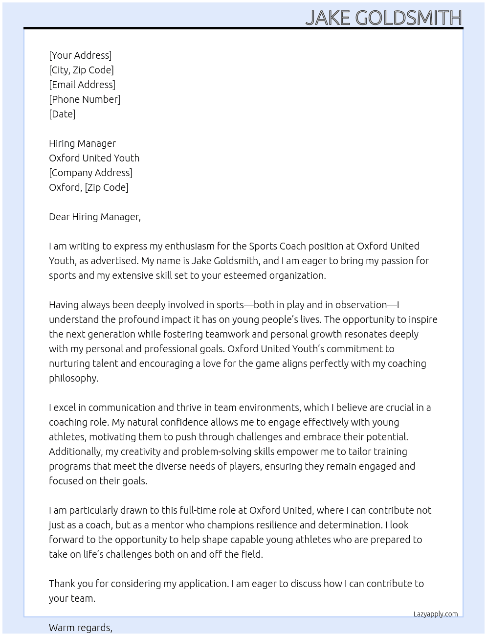 Cover letter for sports coach - LazyApply