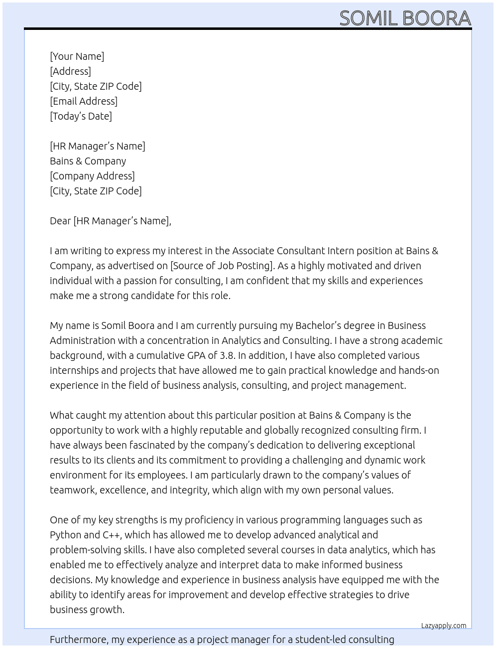 Associate Consultant Intern At Bains & Company Cover Letter