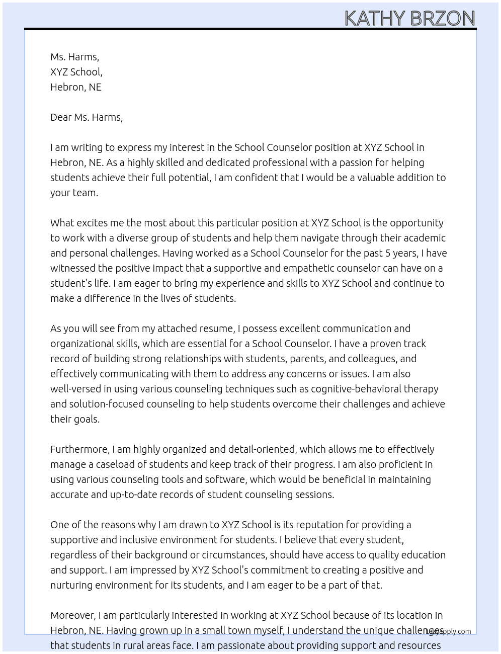 School Counselor At XYZ School Cover Letter