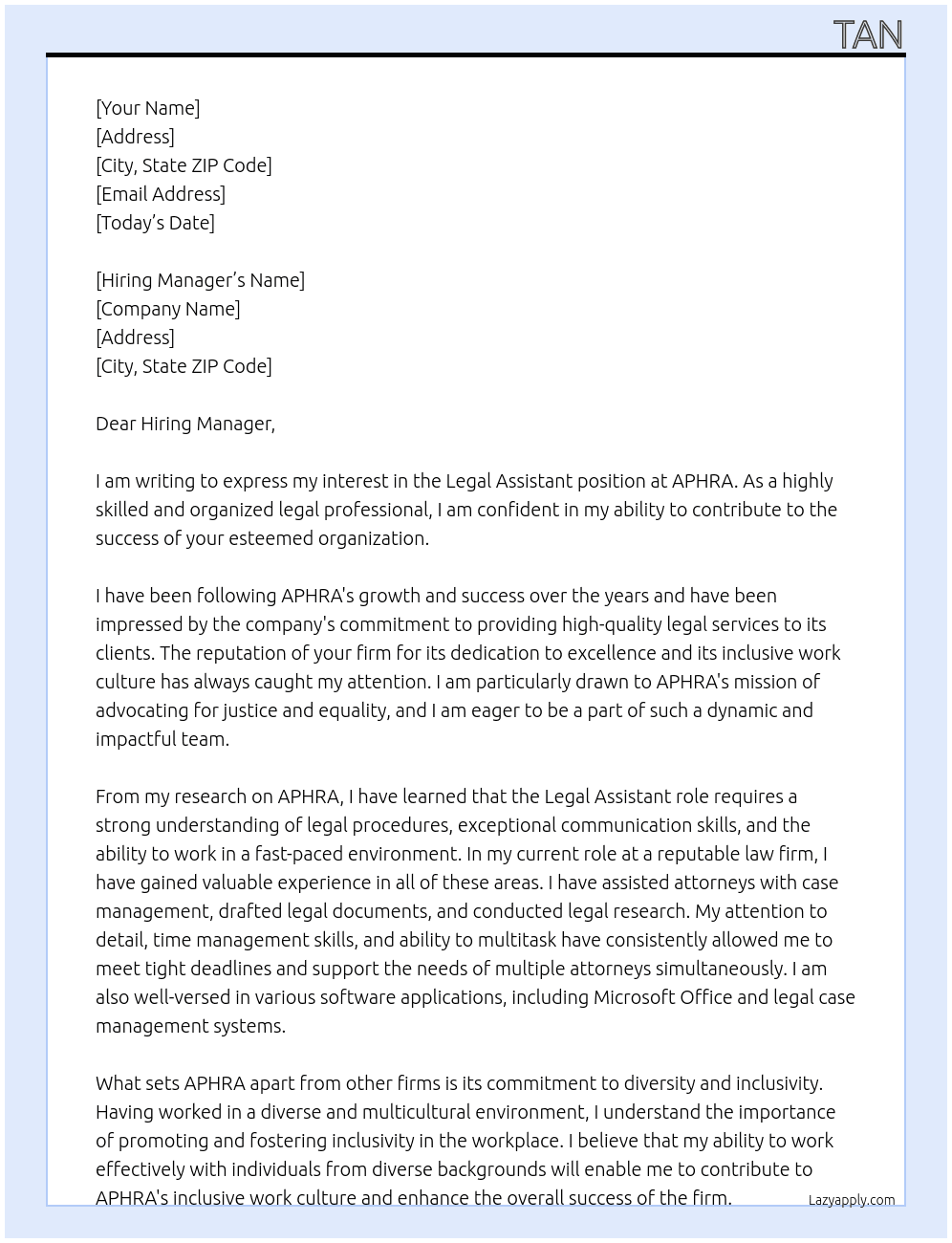 Legal Assistant At APHRA Cover Letter