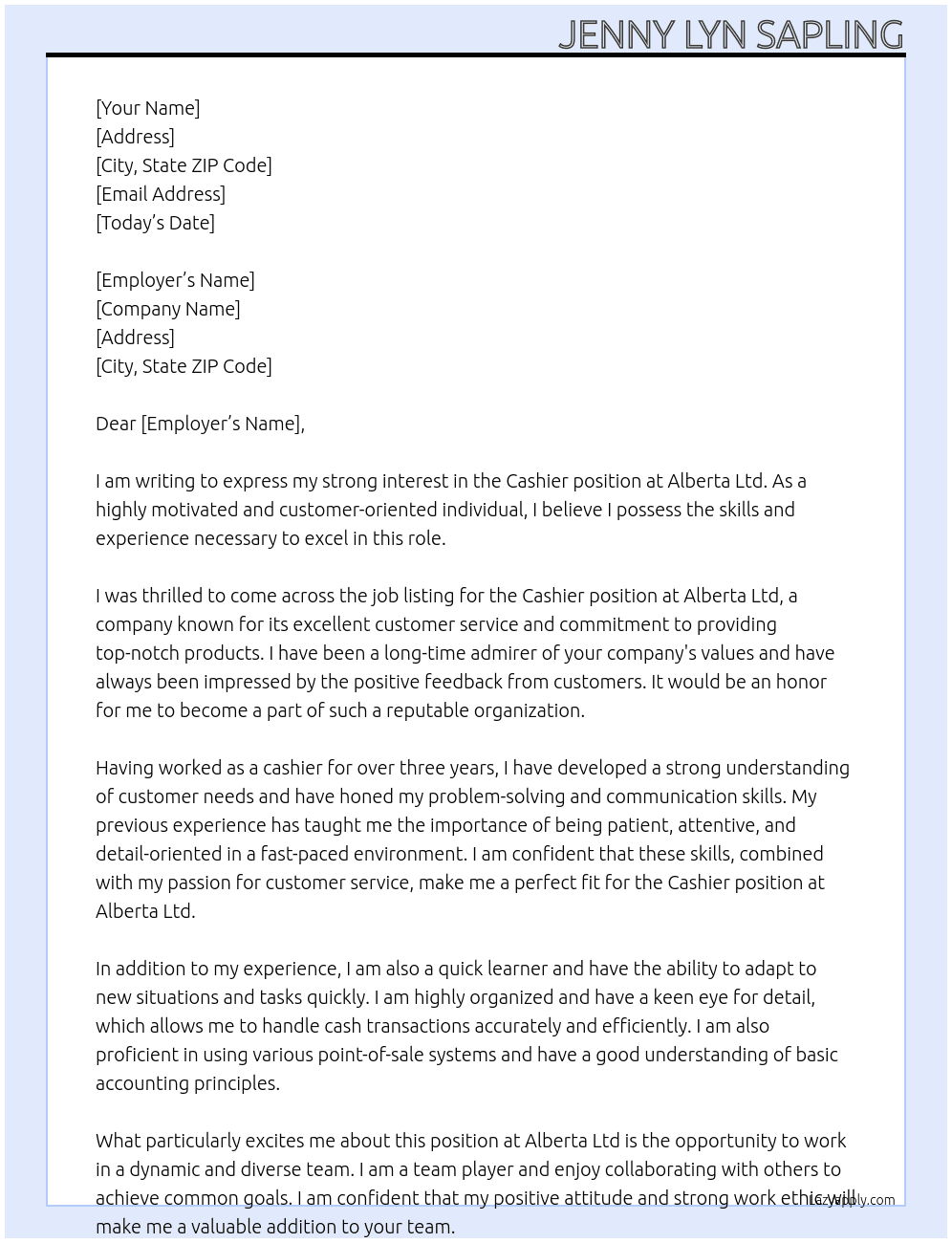 Cashier At Alberta ltd Cover Letter
