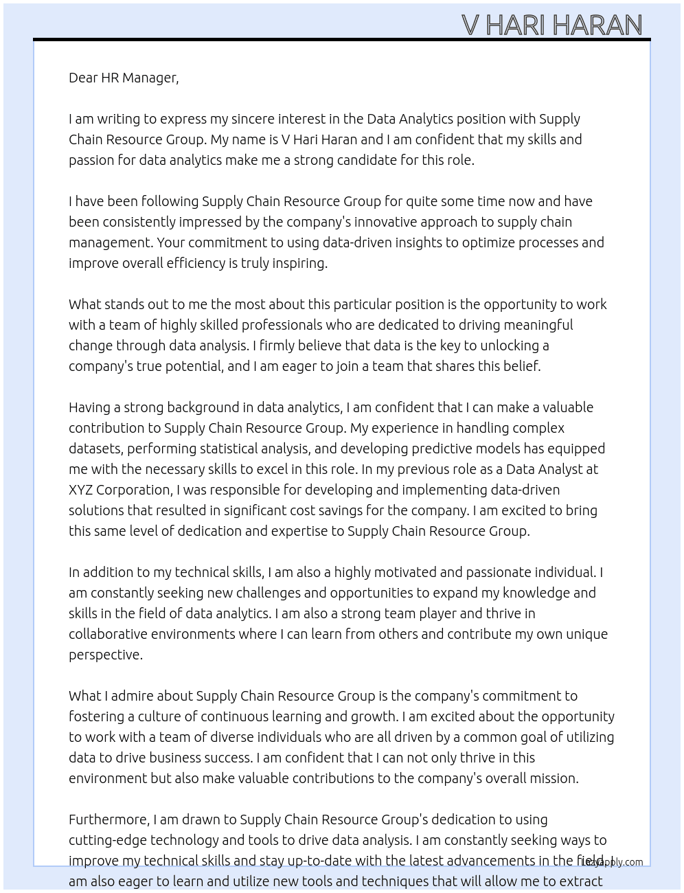Data analytics  At Supply Chain Resource Group Cover Letter