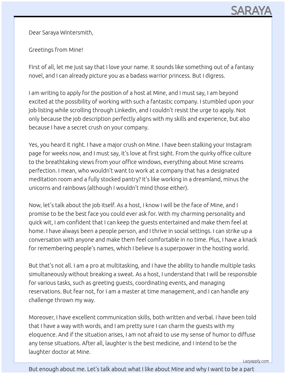 host At Mine Cover Letter