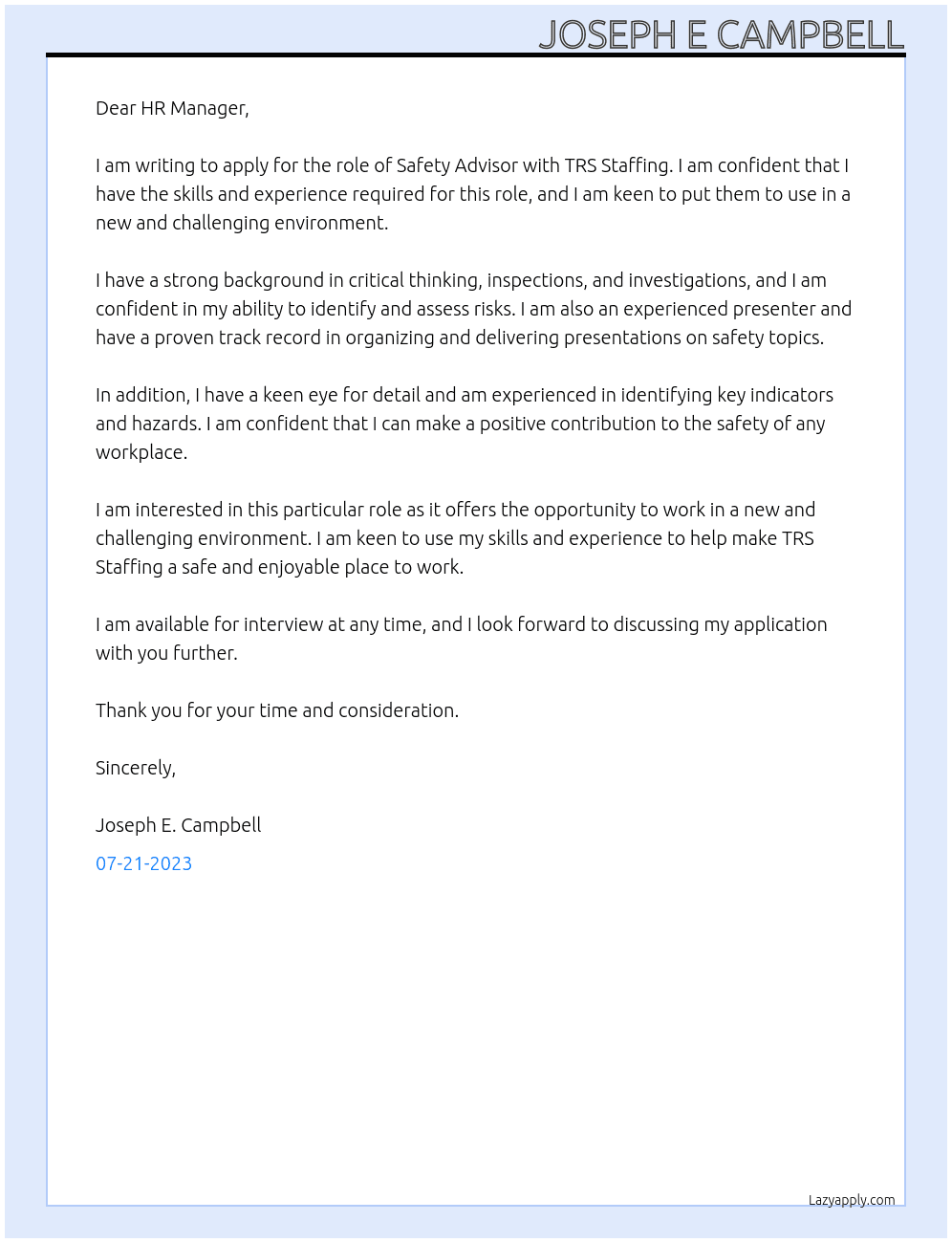 safety advisor  At TRS Staffing Cover Letter