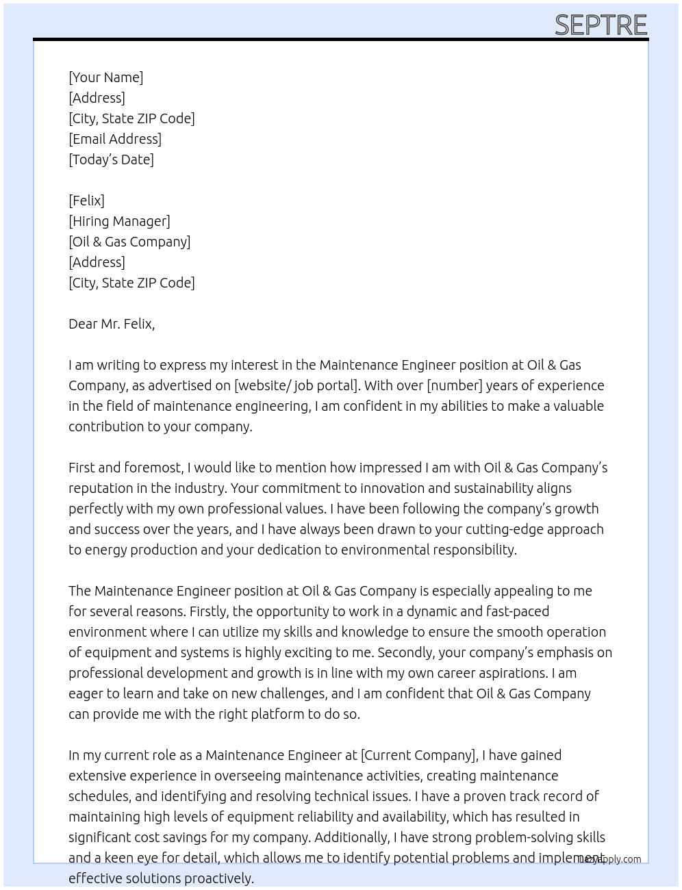 maintenance engineer At oil & gas Cover Letter