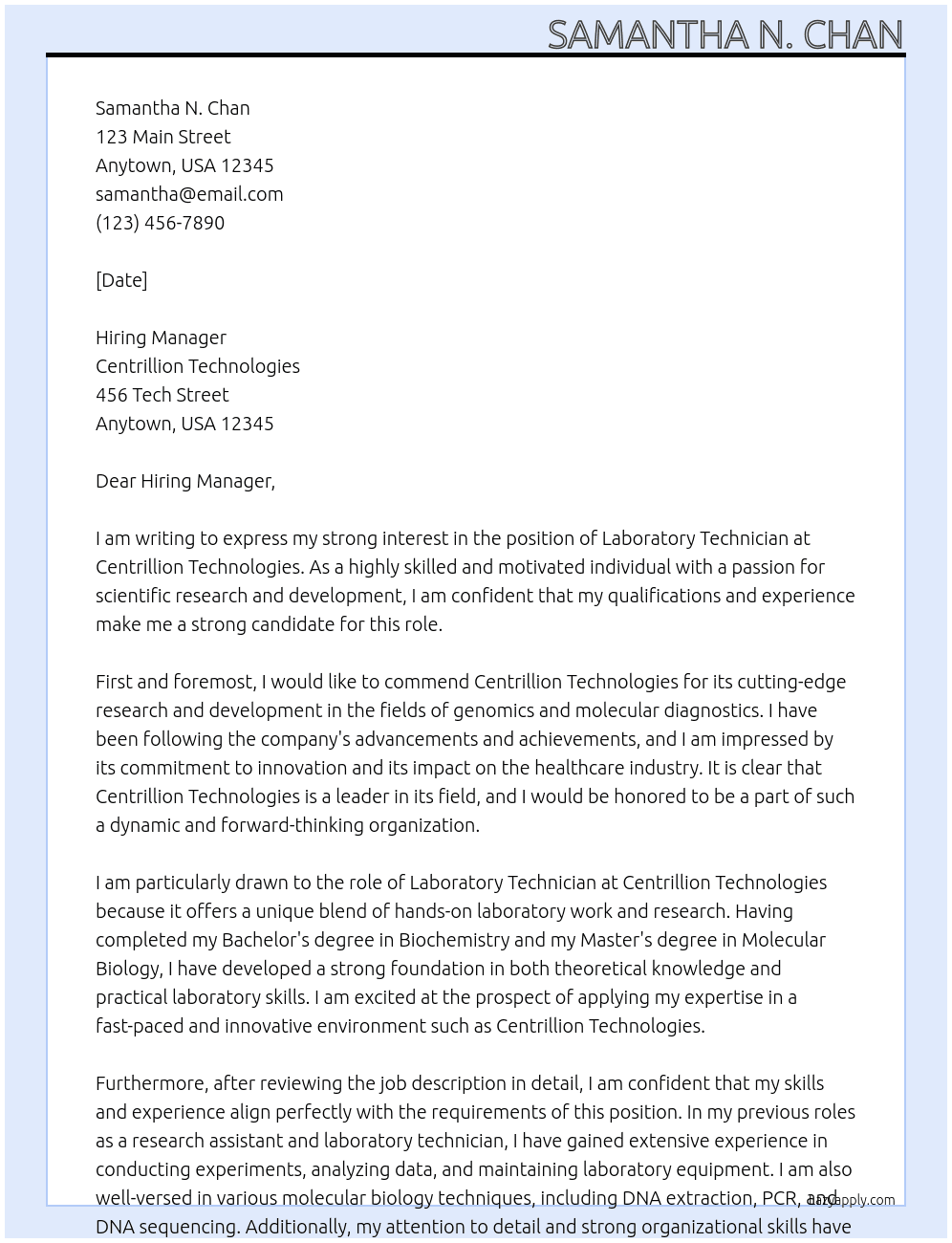 Laboratory Technician At Centrillion Technologies Cover Letter