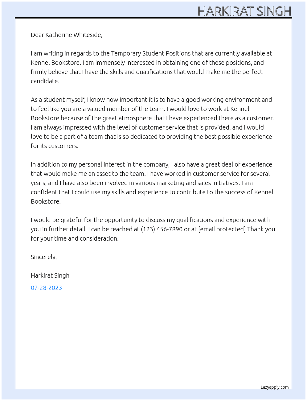 Temporary Student Positions At Kennel Bookstore Cover Letter