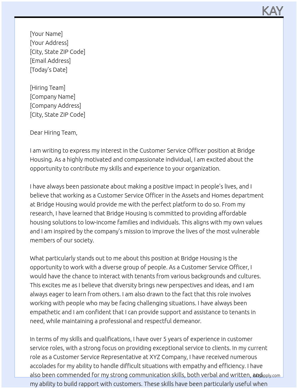 Customer Service Officer, Assets and Homes At Bridge Housing Cover Letter