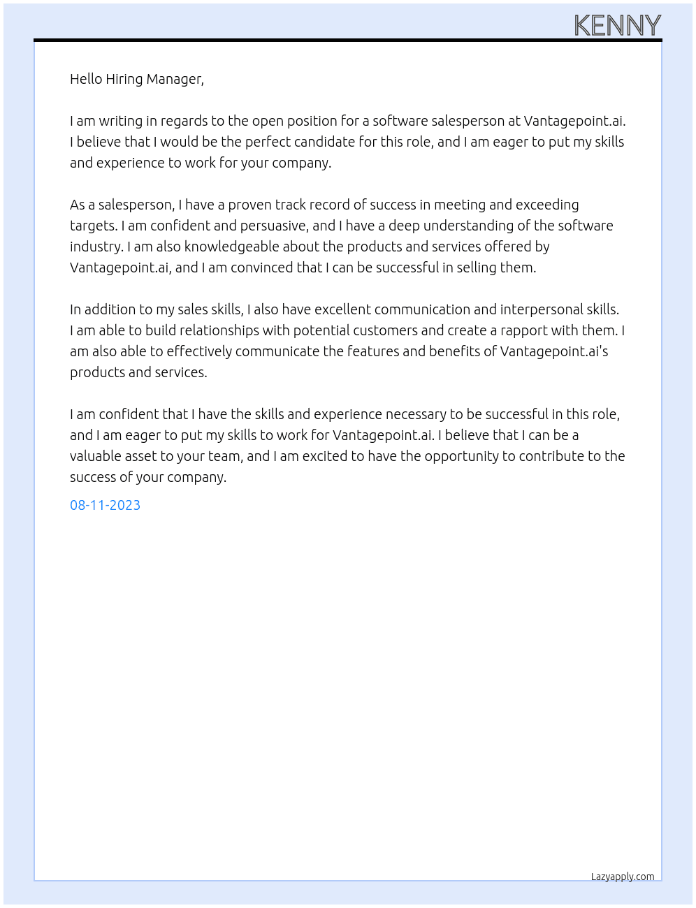 Software Sales At Vatangepoint.ai Cover Letter