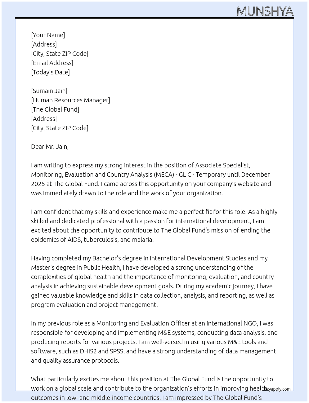 Associate Specialist, Monitoring, Evaluation and Country Analysis (MECA) - GL C - Temporary until December 2025  At The Global Fund Cover Letter