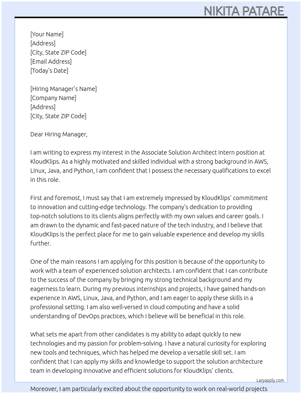 Associate Solution Architect Intern At KloudKlips Cover Letter