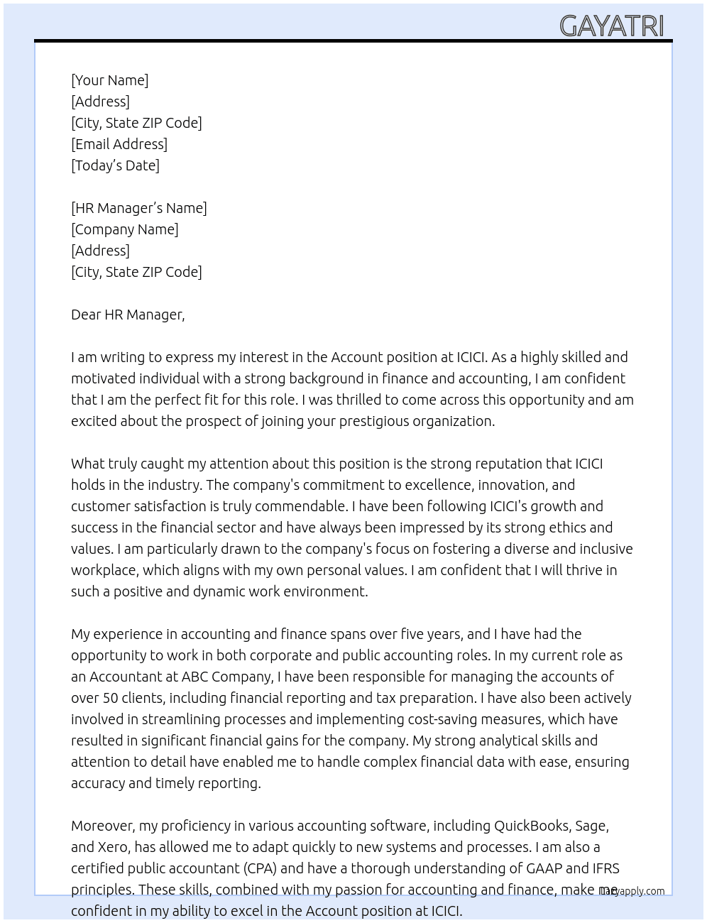 Account  At ICICI  Cover Letter