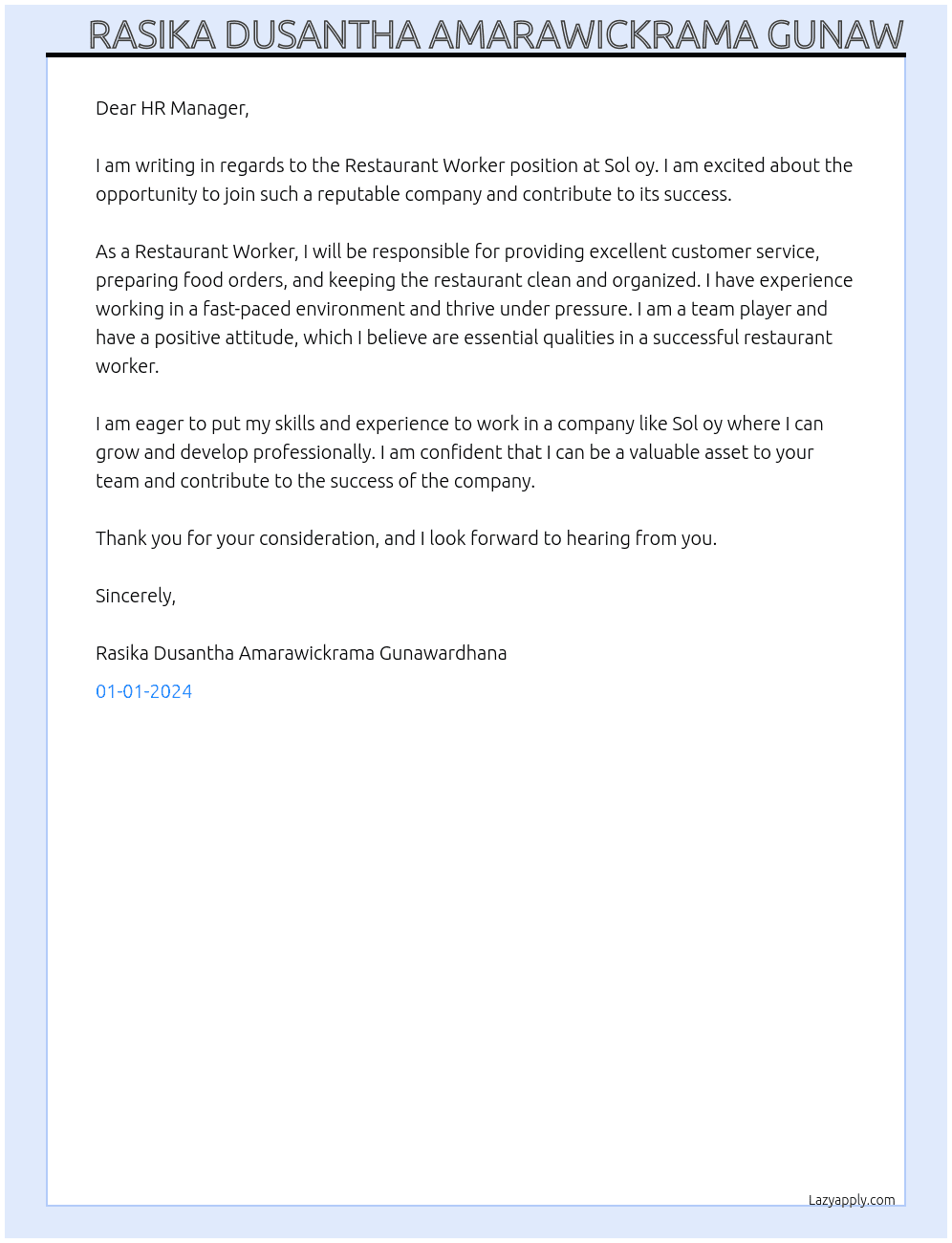 Restaurant Worker At Sol oy Cover Letter