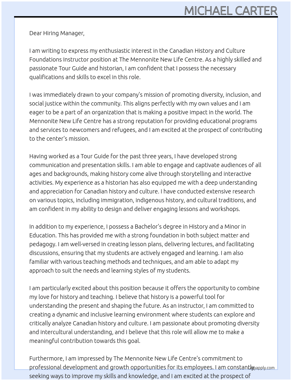 Canadian History and Culture Foundations Instructor  At The Mennonite New Life Centre Cover Letter