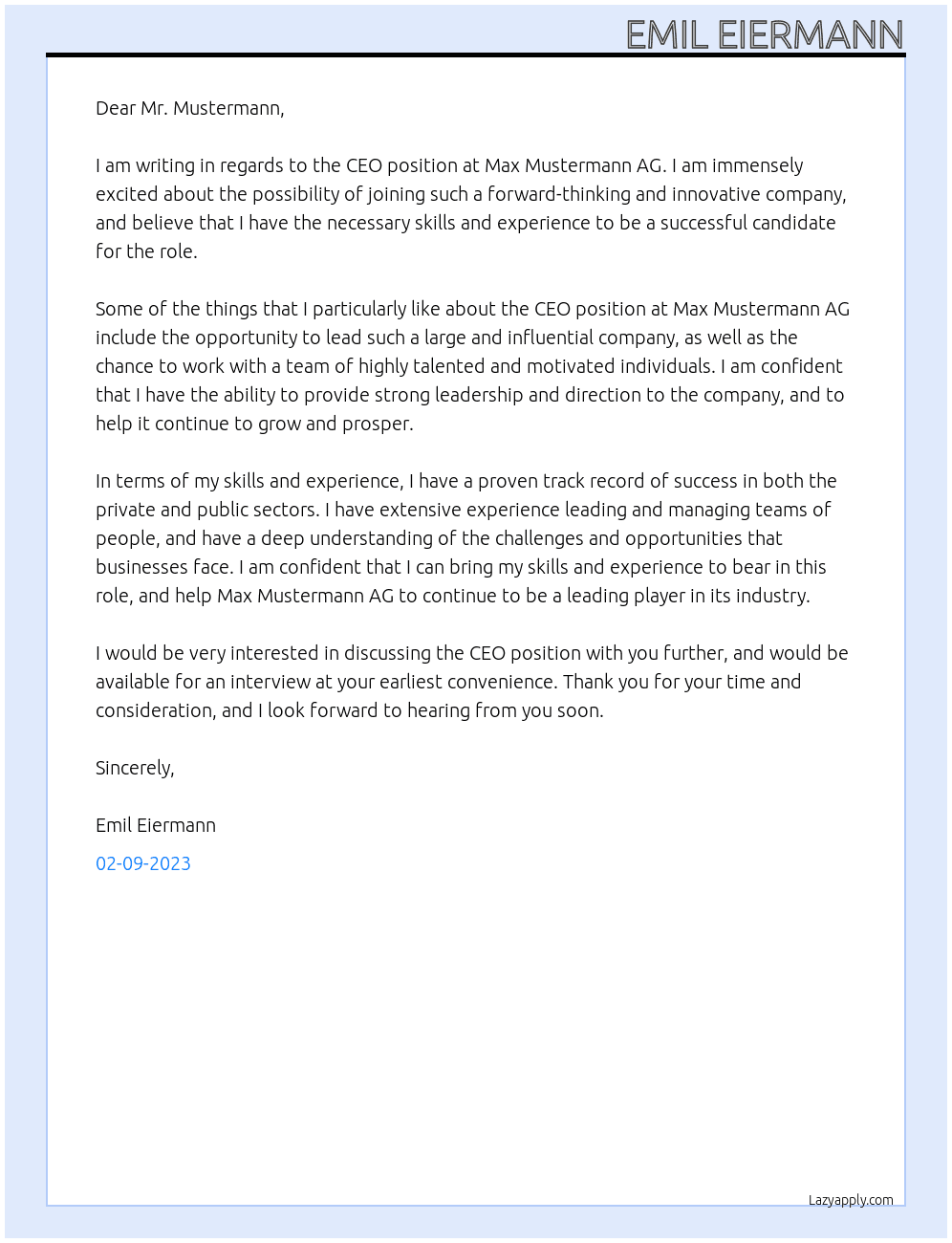 CEO At Max Mustermann AG Cover Letter
