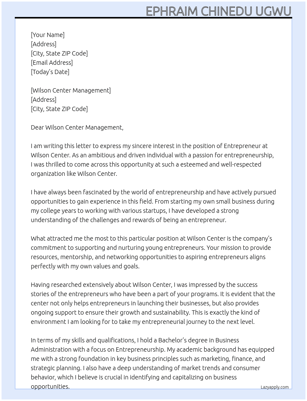 Entrepreneur At Wilson Center Cover Letter