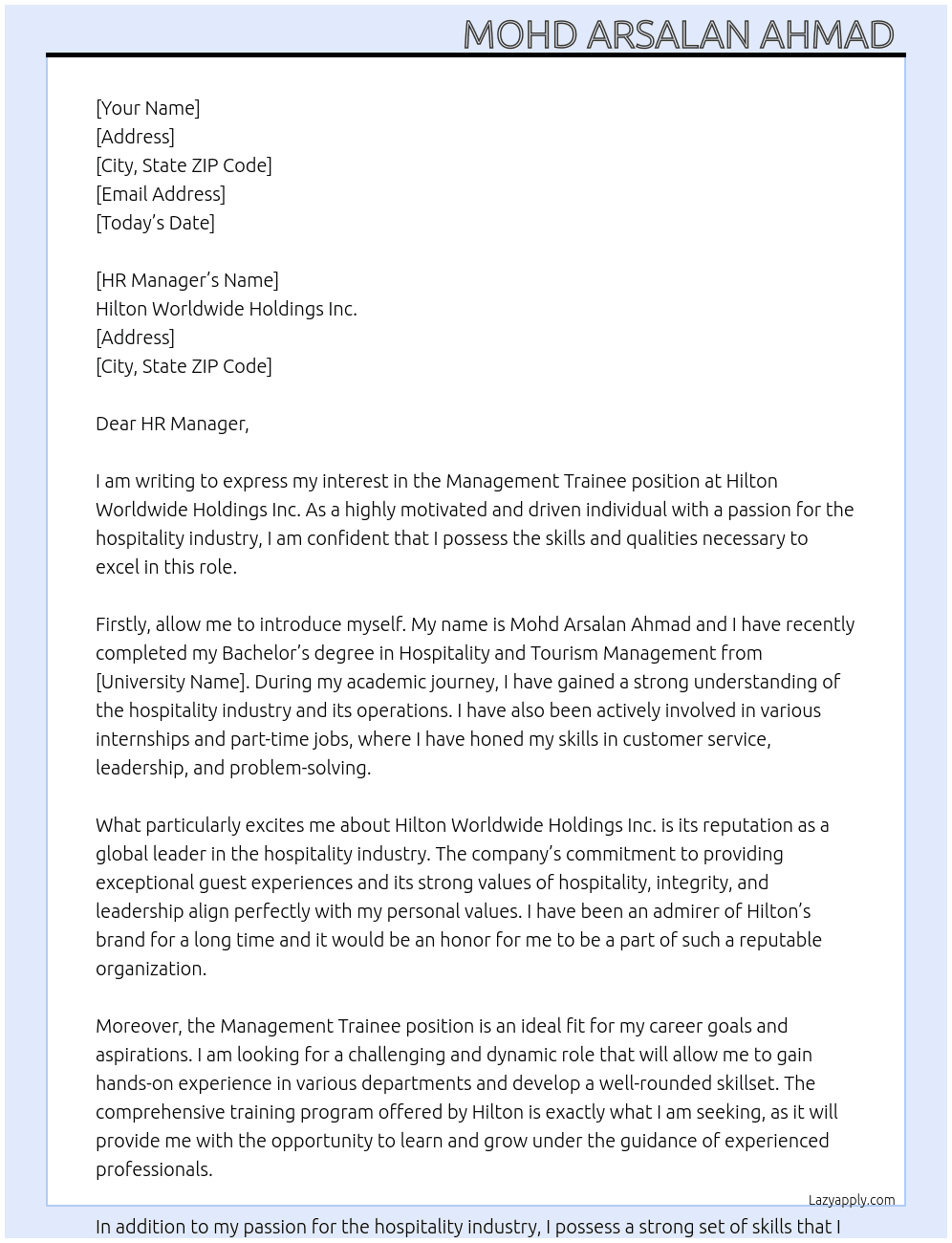 Management trainee  At Hilton Worldwide Holdings Inc. Cover Letter