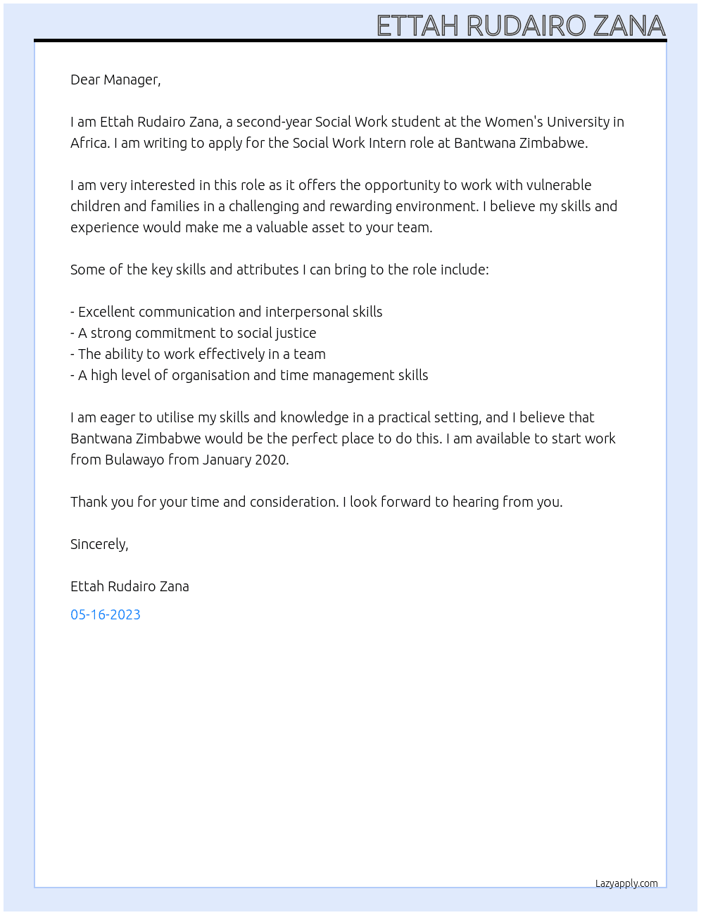 Social Work Intern from Womens University in Africa doing second year At Bantwana Zimbabwe  Cover Letter