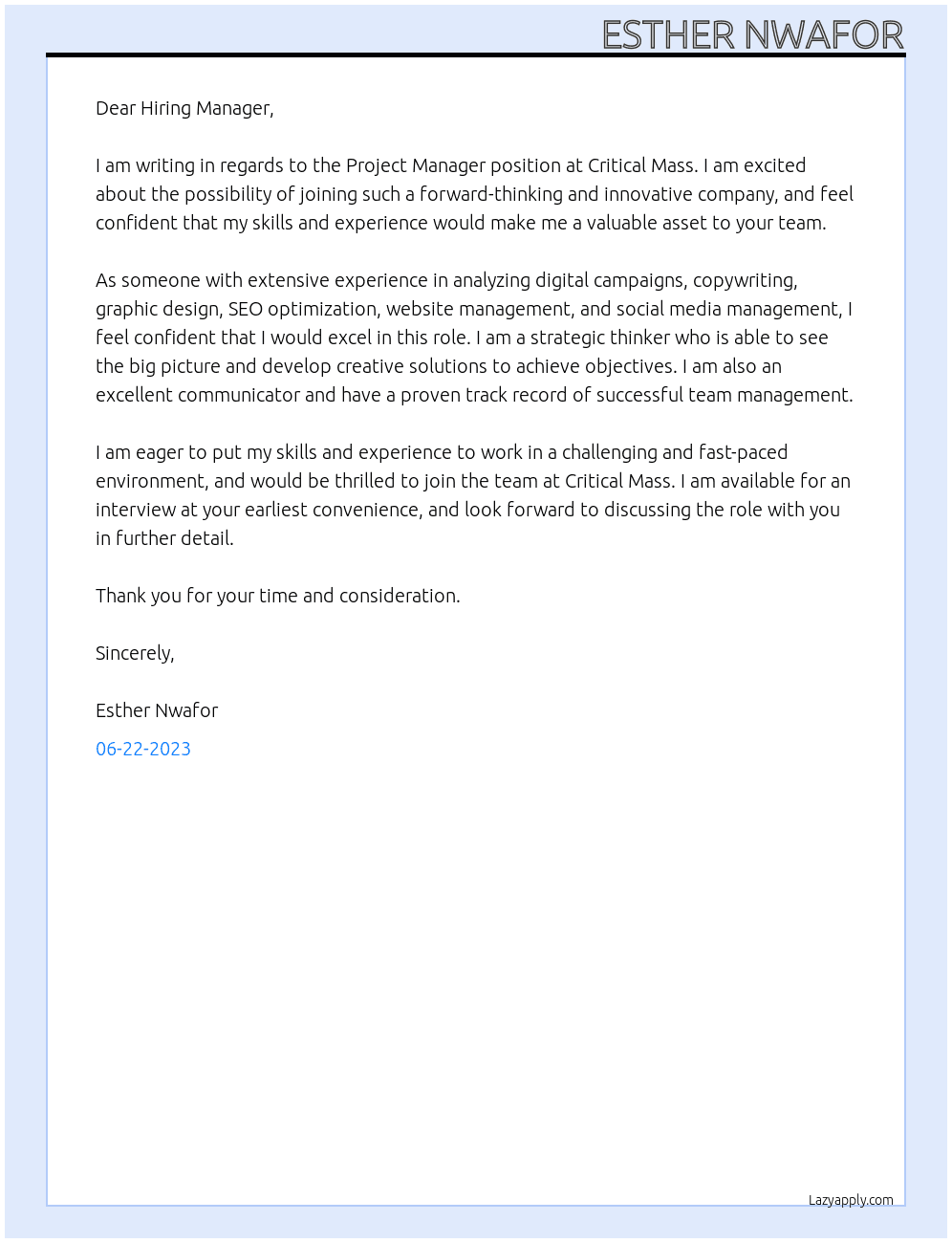 Project Manager At Critical Mass Cover Letter