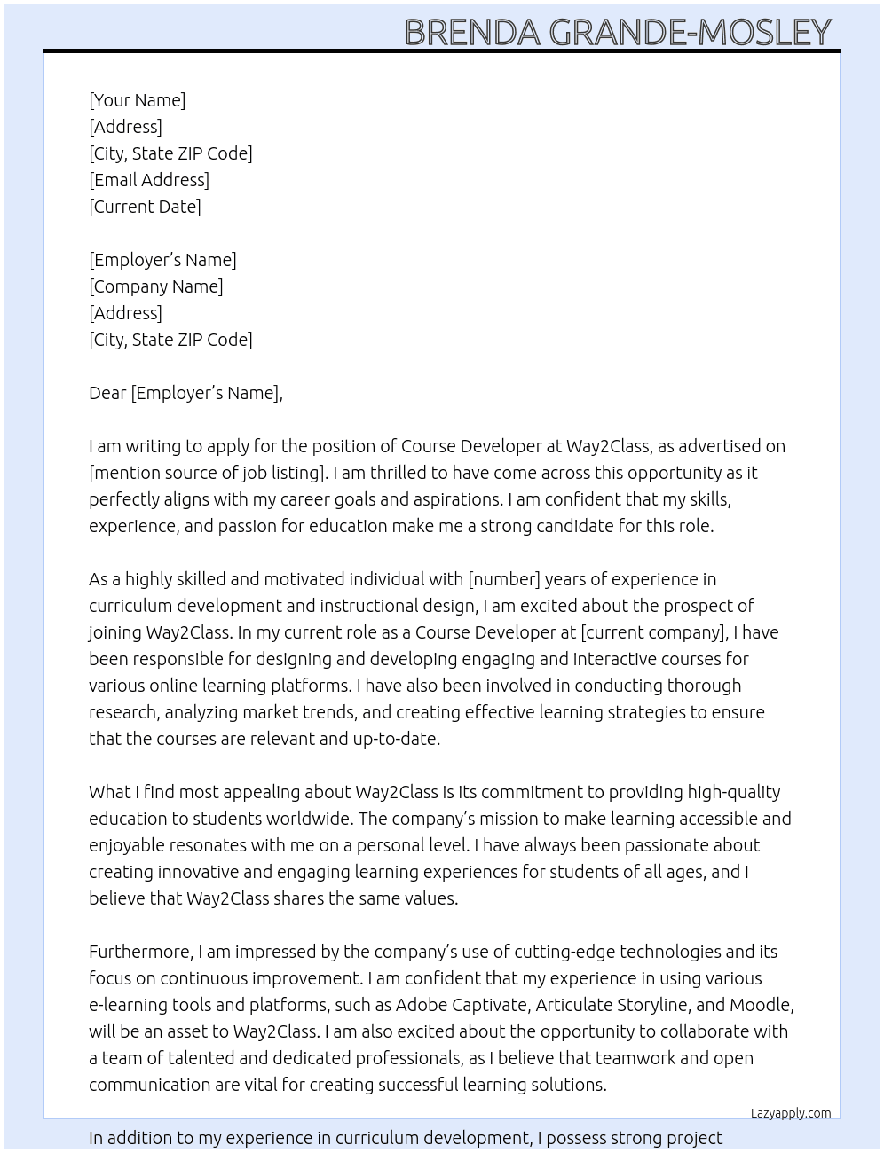 Course Developer At Way2Class  Cover Letter