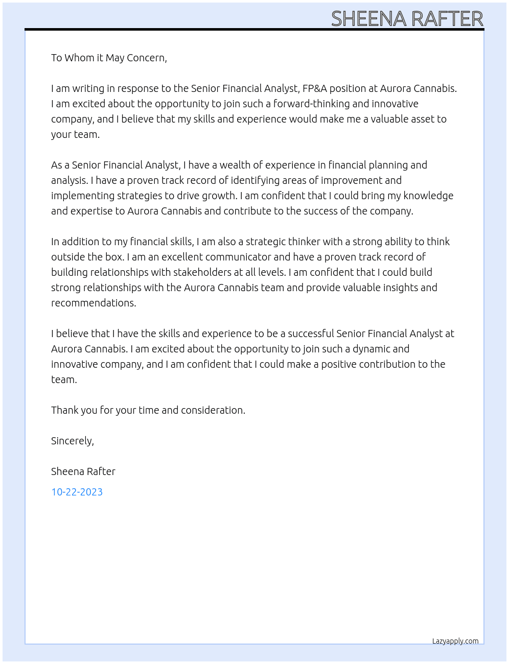 Senior Financial Analyst, FP&A At Aurora Cannibas Cover Letter