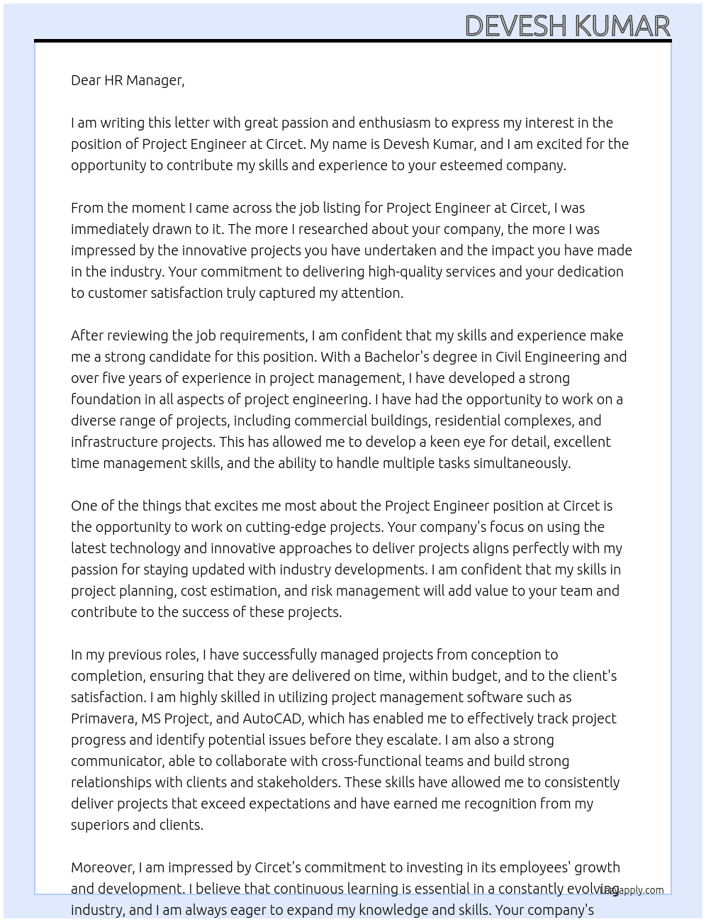 Project engineer  At Circet Cover Letter