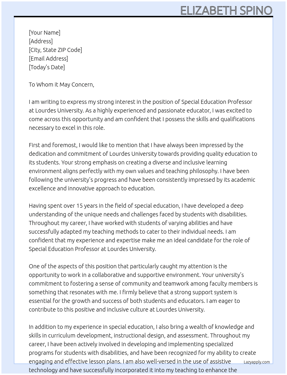 Special Education Professor  At Lourdes University  Cover Letter