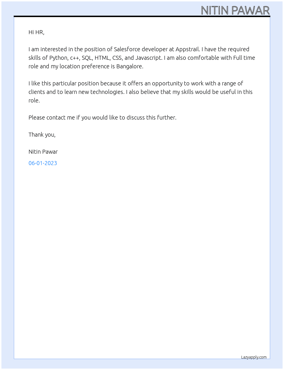 Salesforce developer  At Appstrail Cover Letter