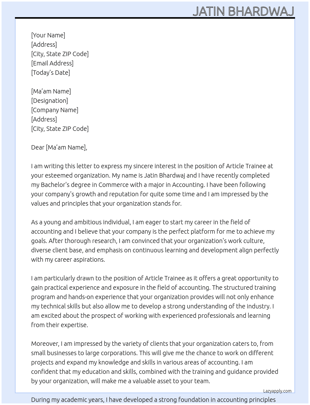 Article Trainee At esteemed organization Cover Letter