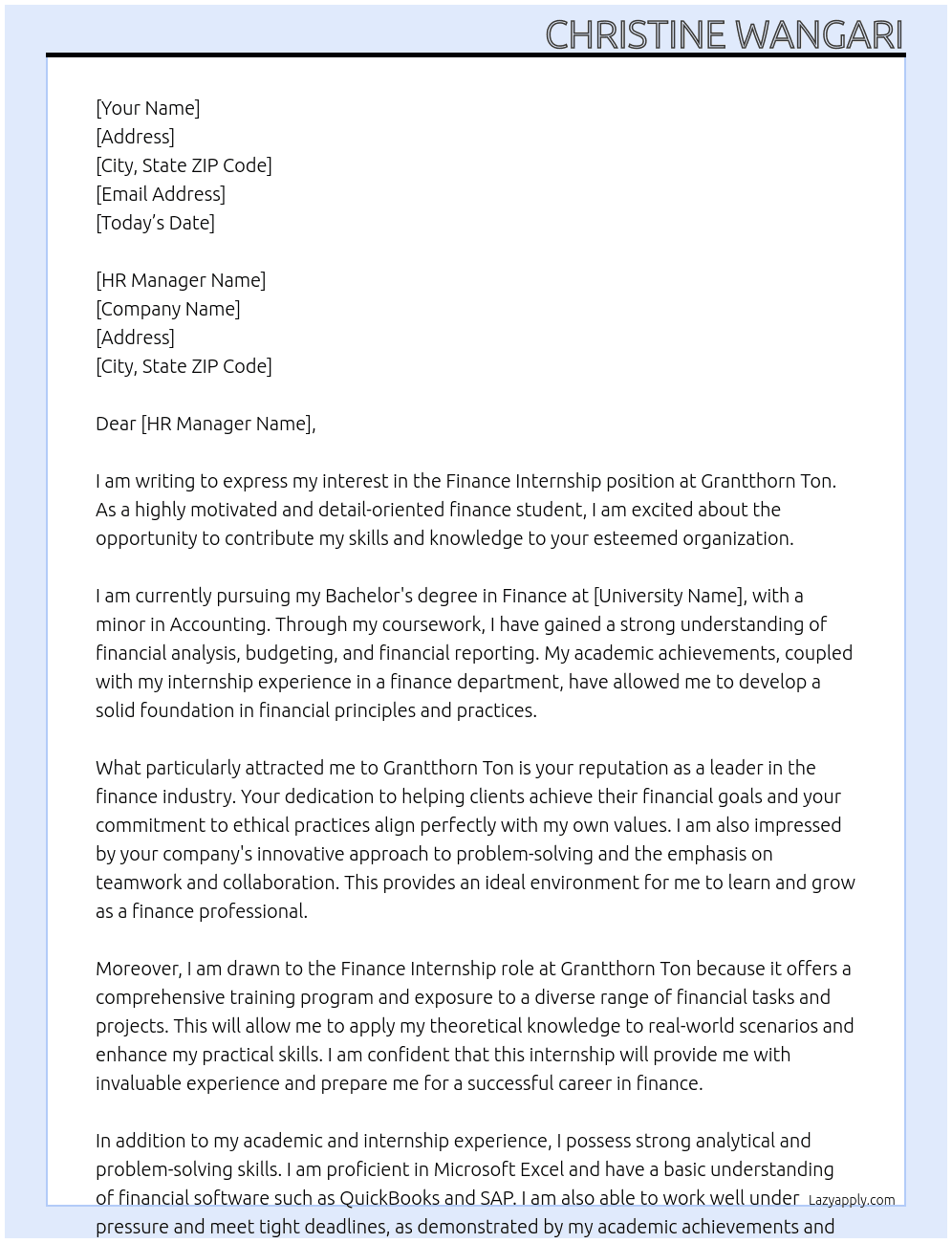 Finance intership At grantthorn ton Cover Letter