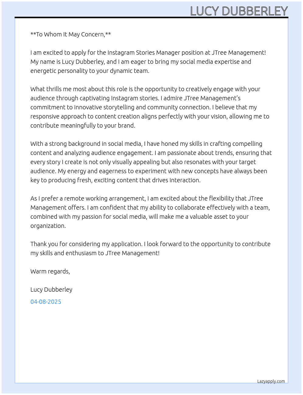 Instagram stories manager At JTree management  Cover Letter