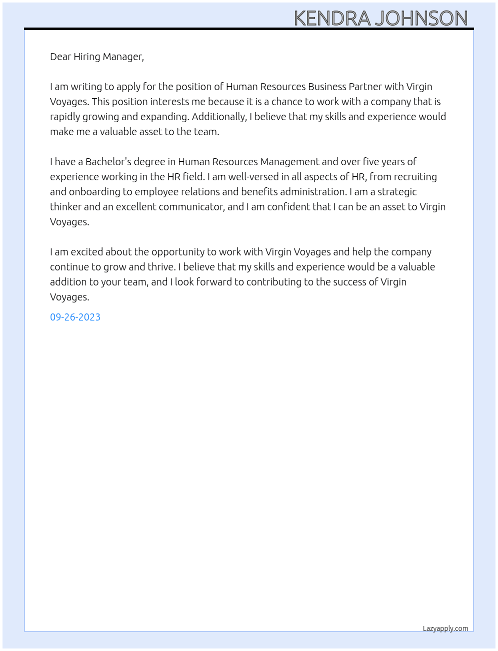 Human Resources Business Partner At Virgin Voyages Cover Letter