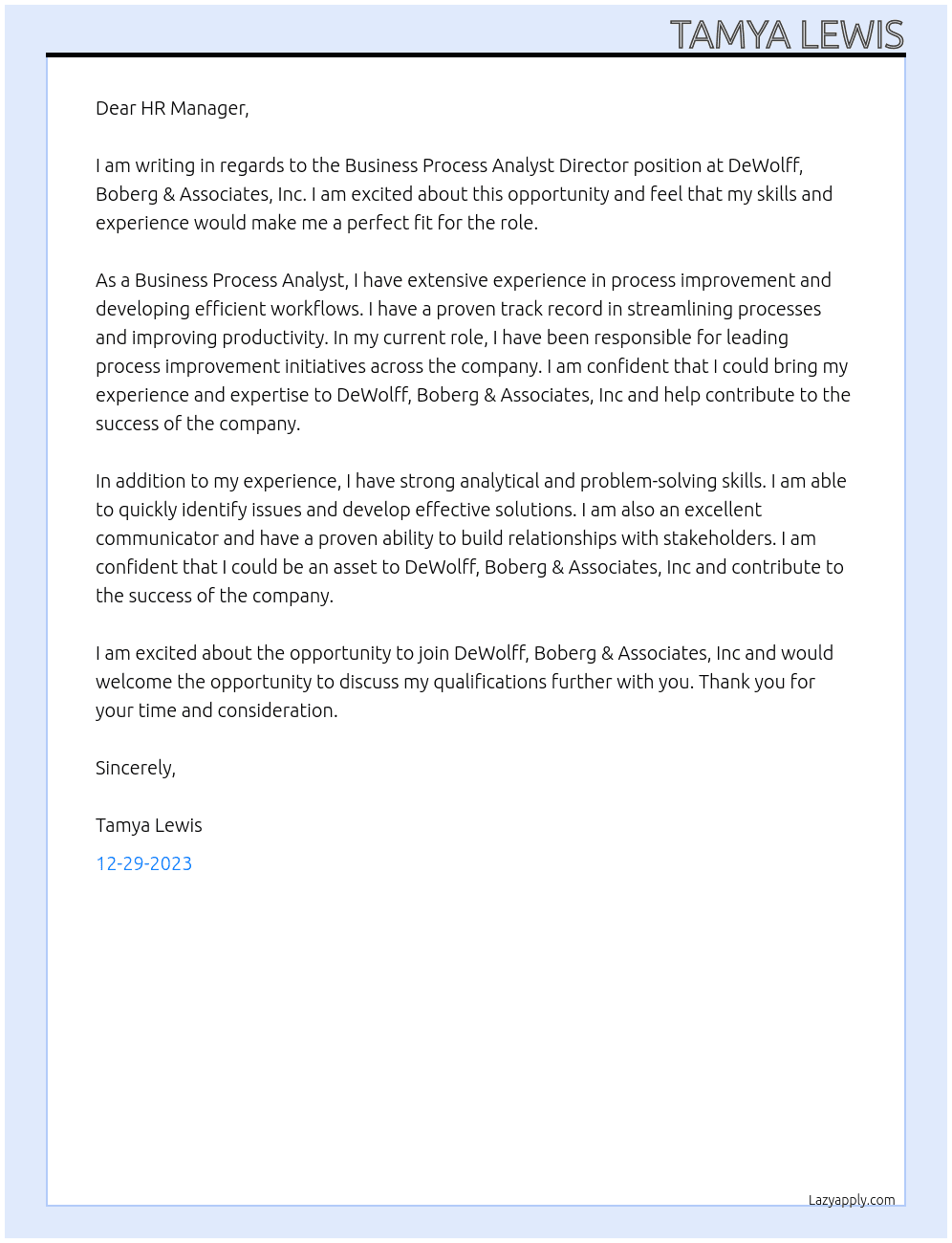 Business Process Analyst Director At DeWolff, Boberg & Associates, Inc Cover Letter
