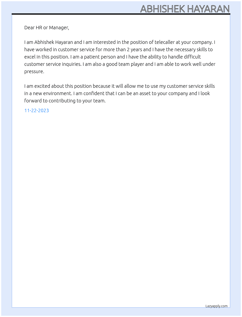 TELECALLER At BPO Cover Letter