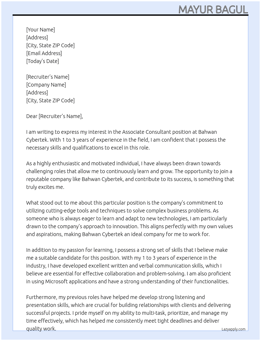 Associate Consultant At Bahwan Cybertek Cover Letter