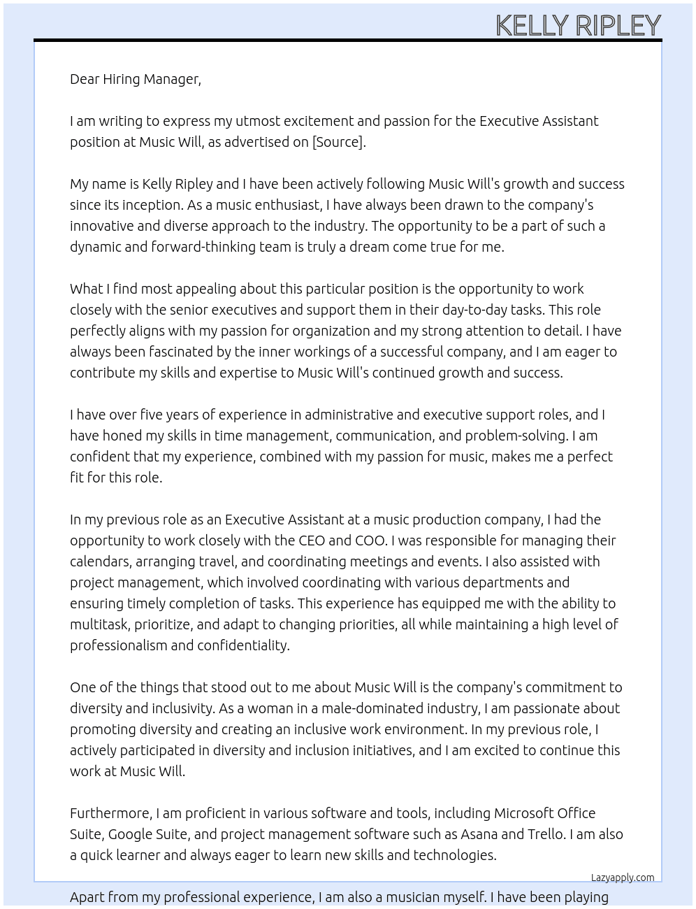 Executive Assistant At Music Will Cover Letter
