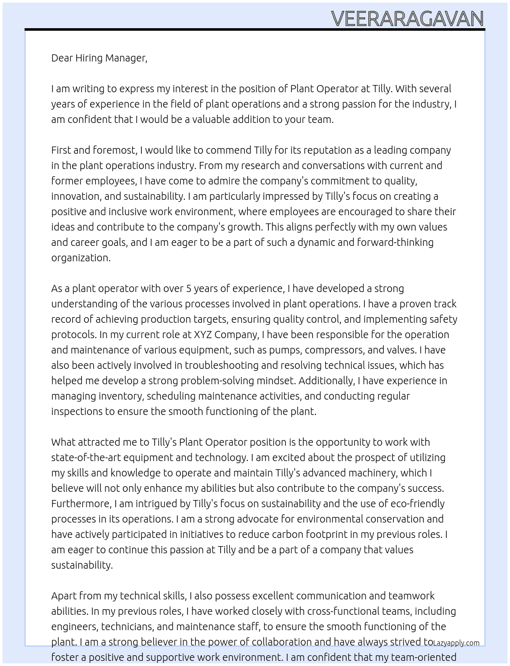 Plant operator  At Tilly Cover Letter