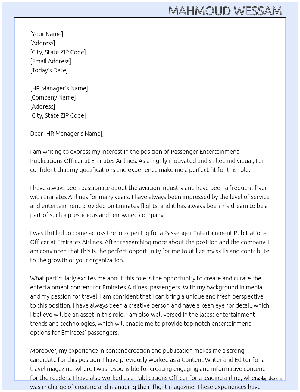 Cover letter for passenger entertainment publications officer - LazyApply