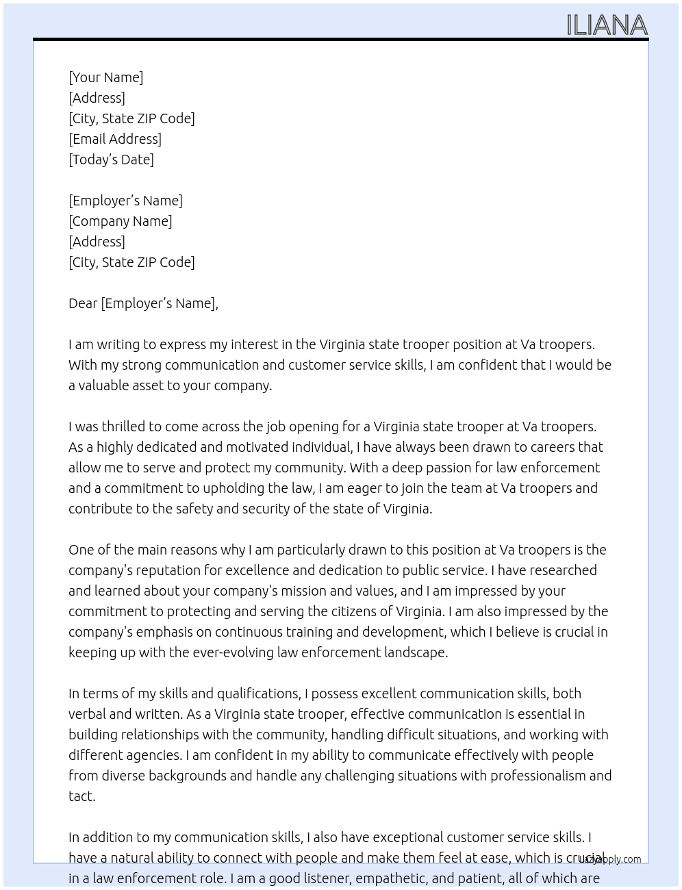 Virginia state trooper At Va troopers Cover Letter