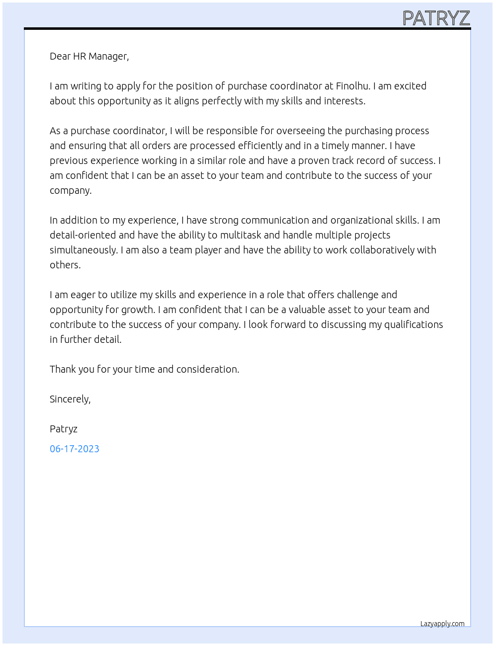 purchase coordinator At Finolhu Cover Letter