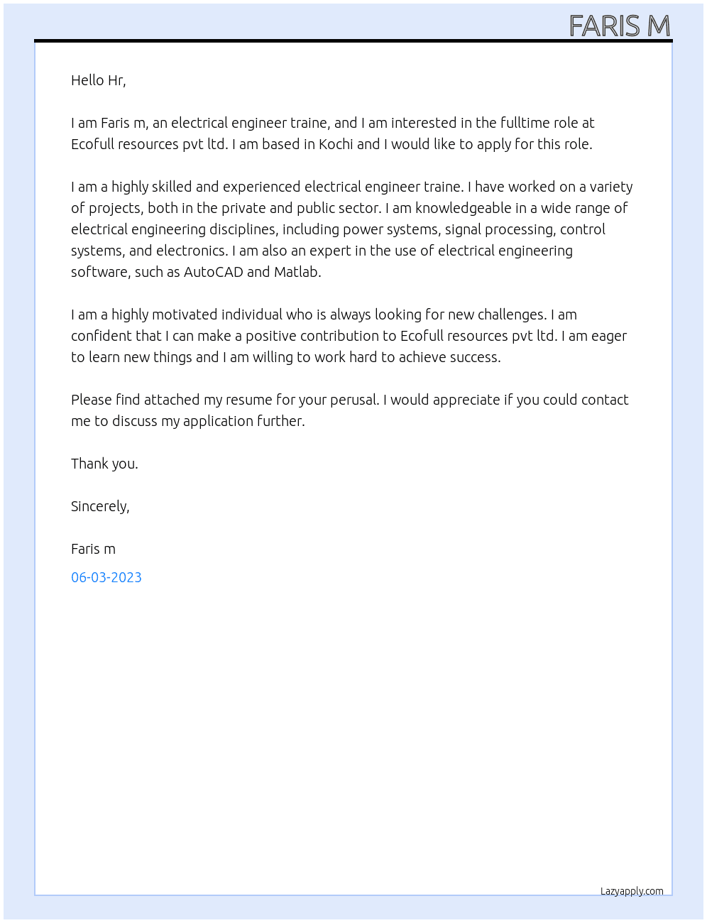 Electrical engineer traine At Ecofull resources pvt ltd Cover Letter