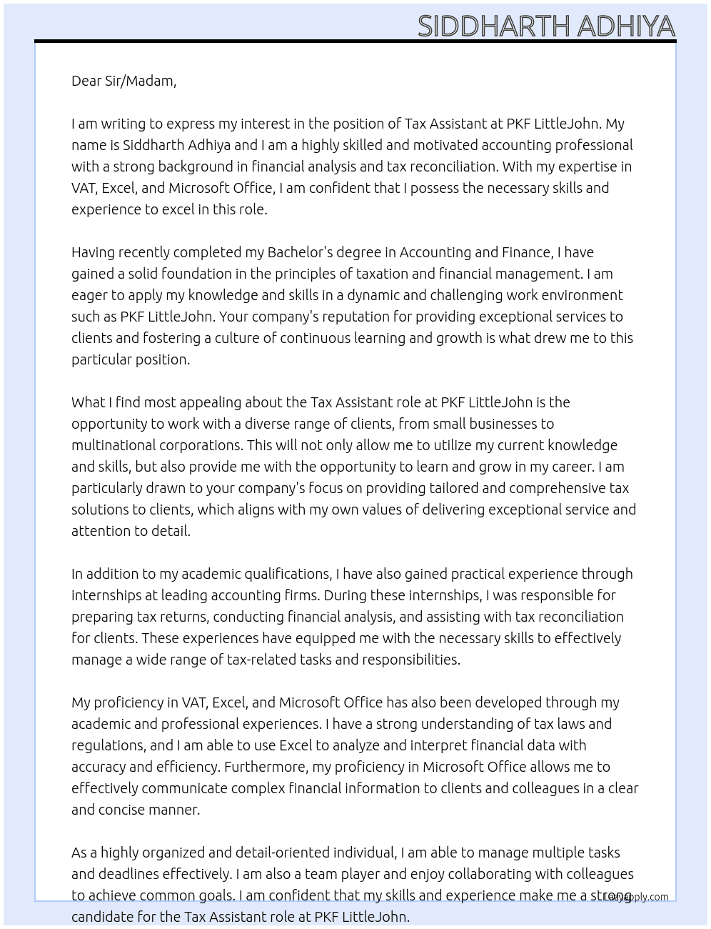 Tax Assistant  At PKF LittleJohn Cover Letter