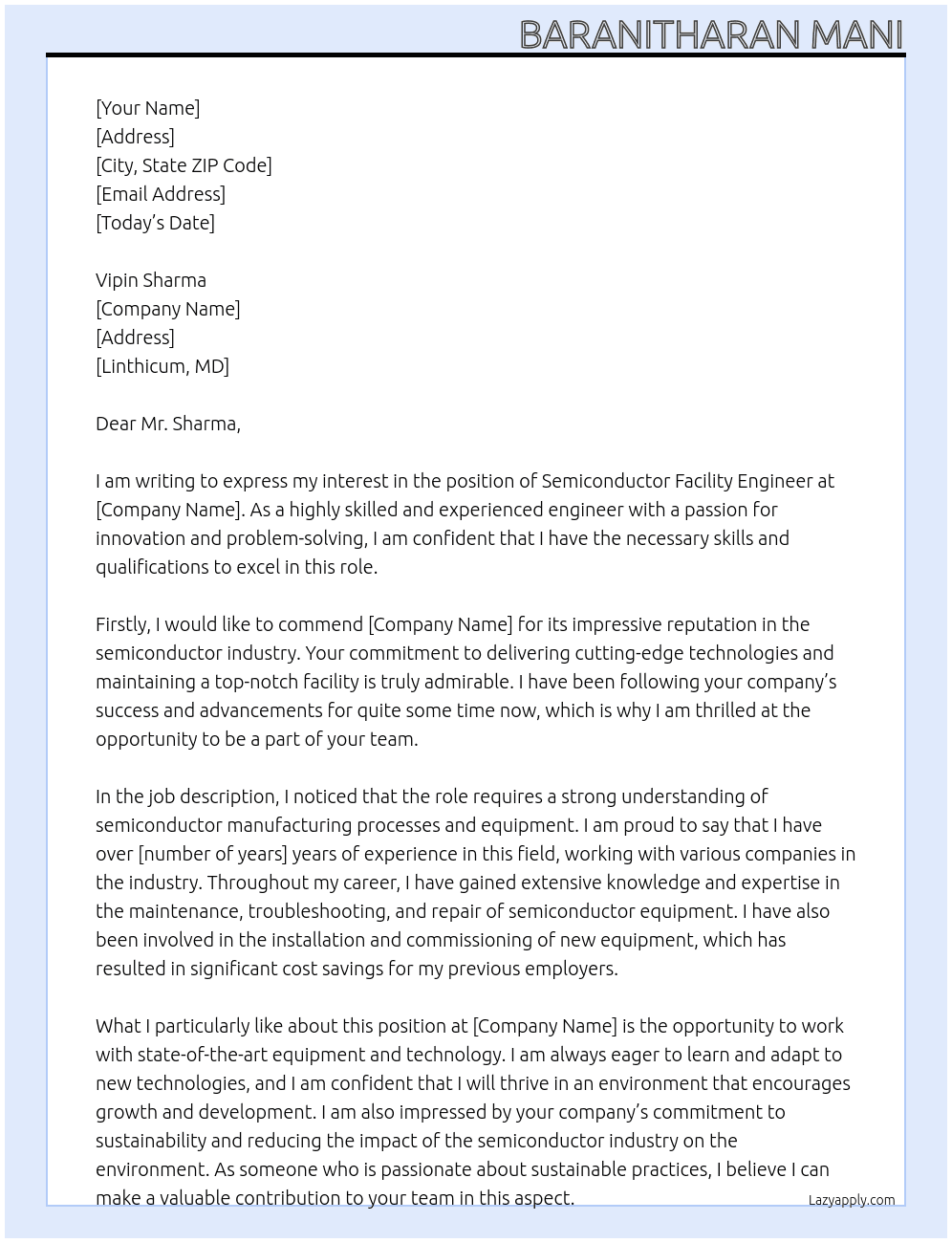 Semiconductor facility engineer  At Linthicum, MD Cover Letter