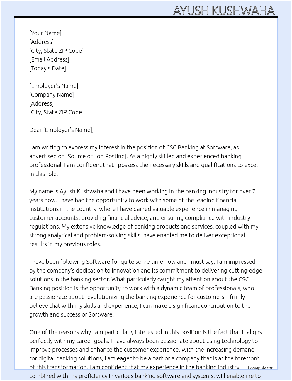 Csc banking  At Software  Cover Letter