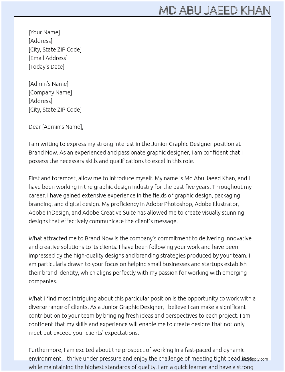 Junior Graphic Designer At Brand Now Cover Letter