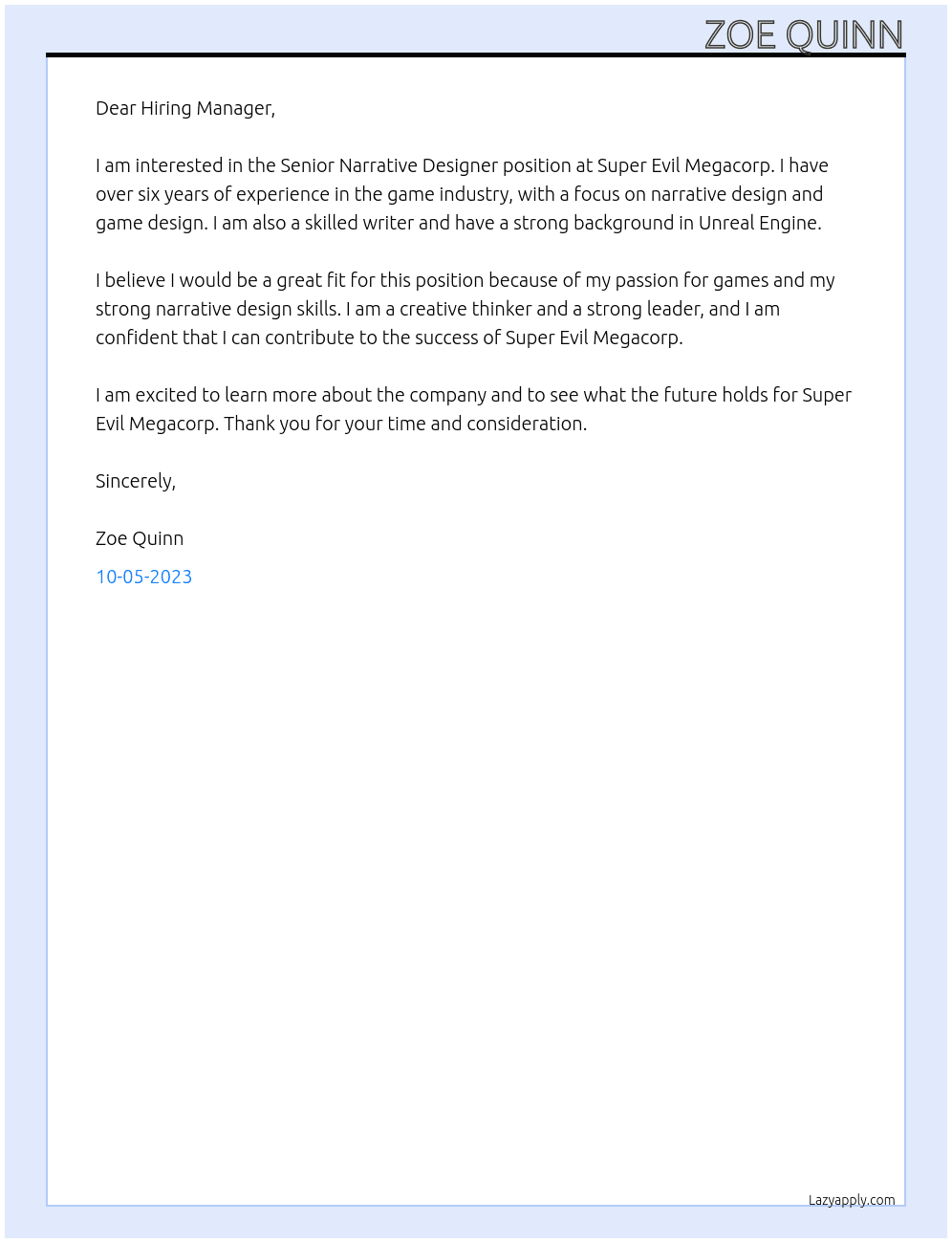 Senior Narrative Designer At Super Evil Megacorp Cover Letter