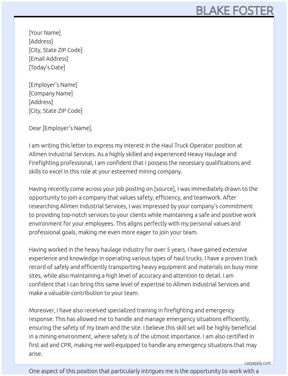 Haul Truck Operator At Mining Company  Cover Letter